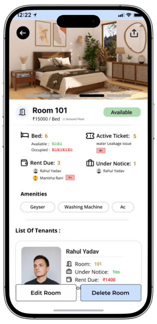 PG Master Owner App - Room & Bed Details